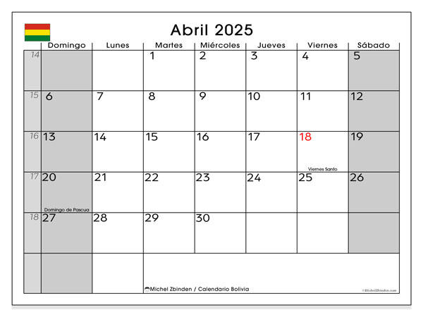 Kalenteri huhtikuu 2025, Bolivia (ES). Ilmainen tulostettava ohjelma.