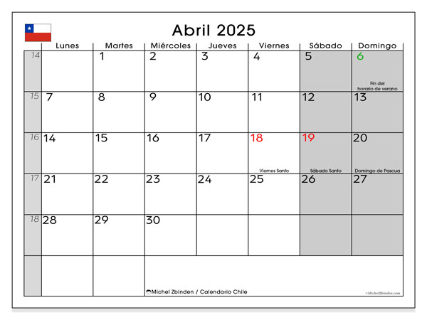 Kalenteri huhtikuu 2025, Chile (ES). Ilmainen tulostettava ohjelma.