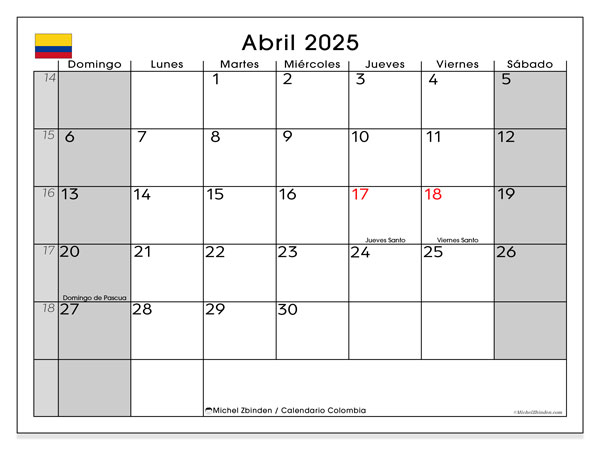 Kalendarz kwiecień 2025, Kolumbia (ES). Darmowy terminarz do druku.