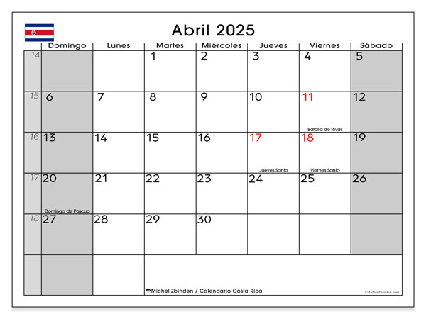 Kalenteri huhtikuu 2025, Costa Rica (ES). Ilmainen tulostettava ohjelma.
