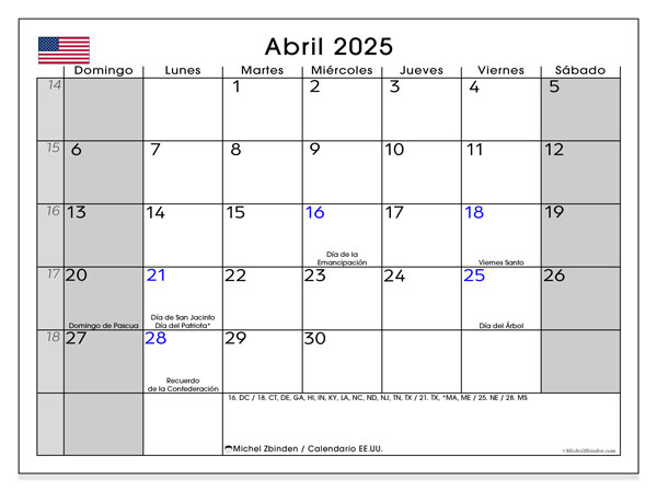 Kalenteri huhtikuu 2025, Yhdysvallat (ES). Ilmainen tulostettava ohjelma.
