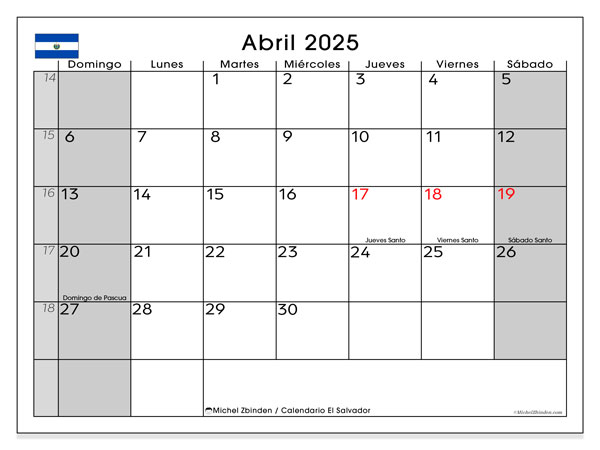 Kalendarz kwiecień 2025, Salwador (ES). Darmowy terminarz do druku.