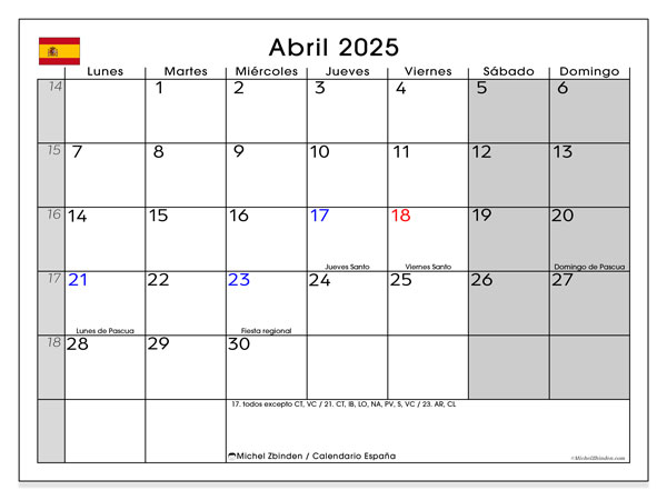 Kalender April 2025, Spanien (ES). Programm zum Ausdrucken kostenlos.