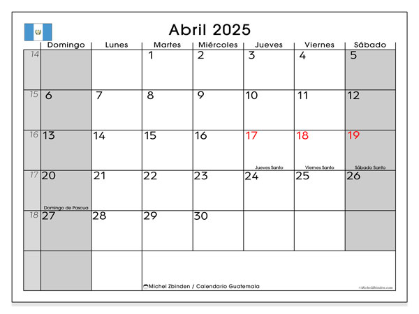 Kalender april 2025, Guatemala (ES). Gratis kalender til print.
