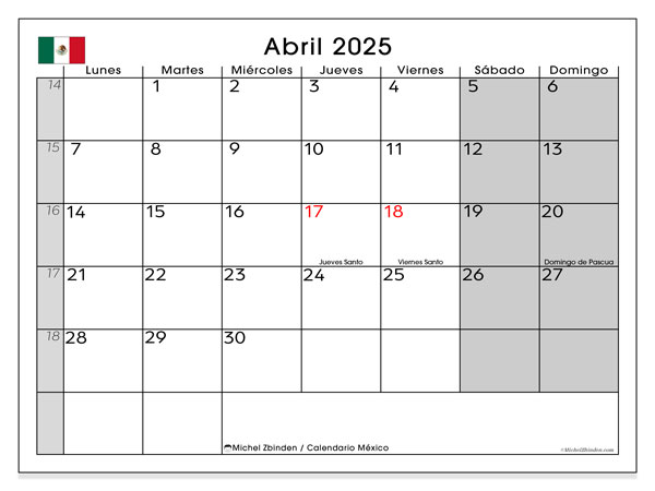 Kalendarz kwiecień 2025, Meksyk (ES). Darmowy terminarz do druku.