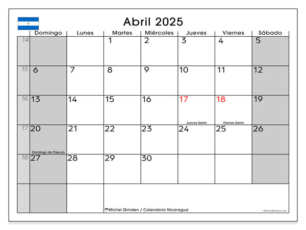 Kalenteri huhtikuu 2025, Nicaragua (ES). Ilmainen tulostettava ohjelma.