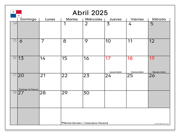 Kalendarz kwiecień 2025, Panama (ES). Darmowy terminarz do druku.