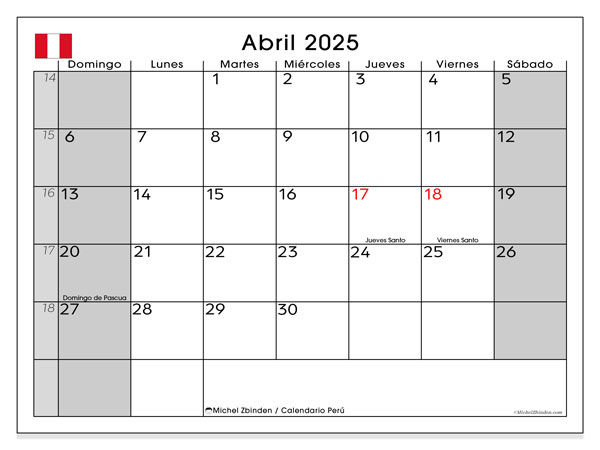 Kalender April 2025, Peru (ES). Programm zum Ausdrucken kostenlos.
