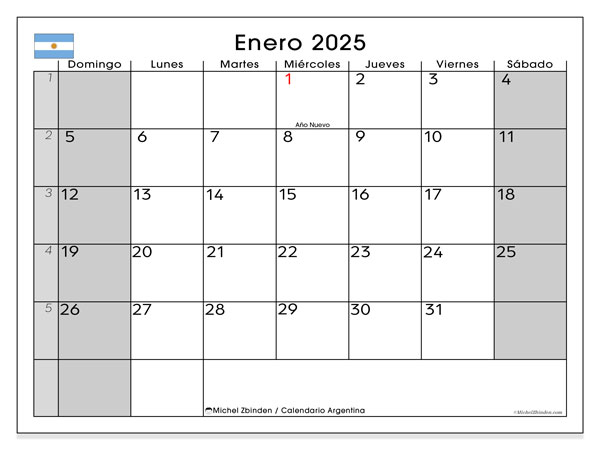 Kalender Januar 2025, Argentinien (ES). Plan zum Ausdrucken kostenlos.