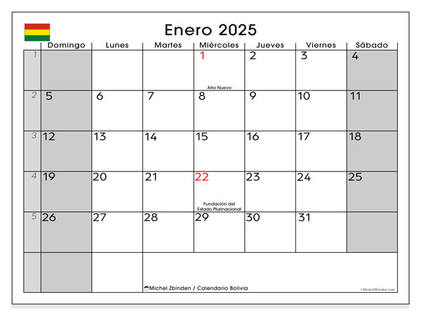 Calendario gennaio 2025, Bolivia (ES). Programma da stampare gratuito.