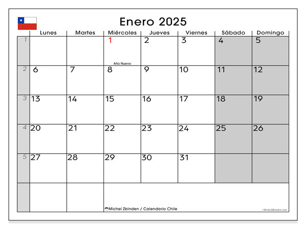 Kalenteri tammikuu 2025, Chile (ES). Ilmainen tulostettava ohjelma.