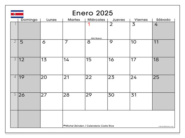 Kalenteri tammikuu 2025, Costa Rica (ES). Ilmainen tulostettava ohjelma.