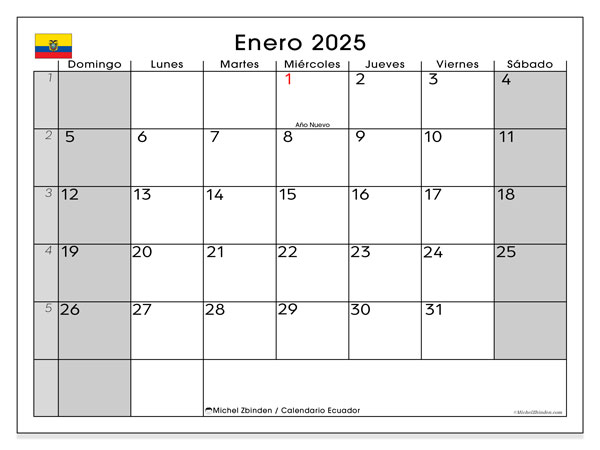 Calendario gennaio 2025, Ecuador (ES). Programma da stampare gratuito.