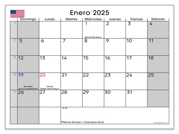 Kalendarz styczen 2025, USA (ES). Darmowy terminarz do druku.