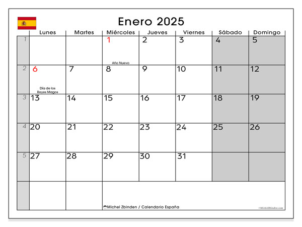 Kalendarz styczen 2025, Hiszpania (ES). Darmowy terminarz do druku.