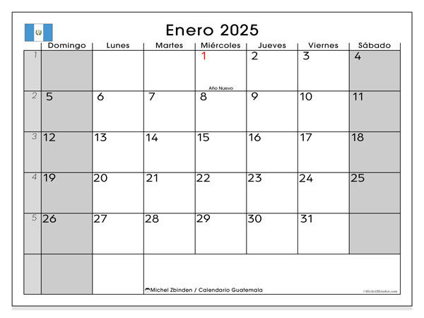 Kalender Januar 2025, Guatemala (ES). Plan zum Ausdrucken kostenlos.