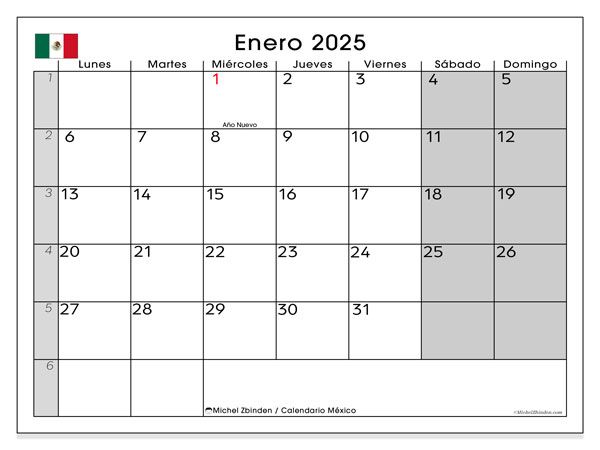 Calendario gennaio 2025, Messico (ES). Programma da stampare gratuito.
