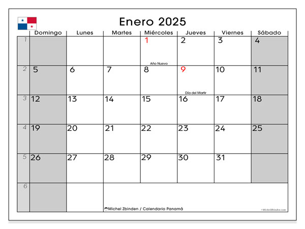 Kalenteri tammikuu 2025, Panama (ES). Ilmainen tulostettava ohjelma.