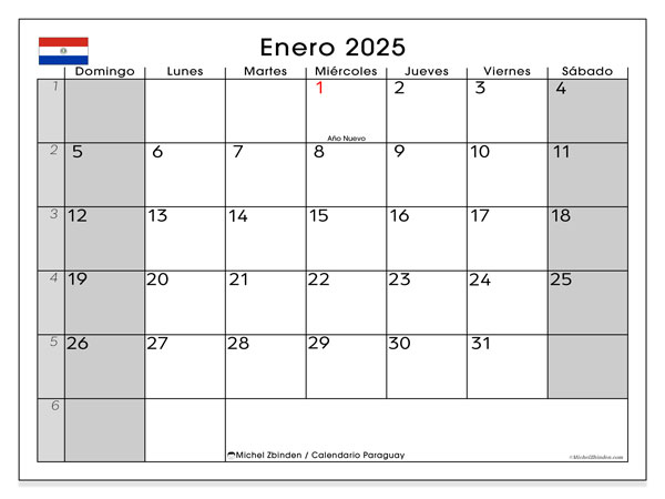 Calendario gennaio 2025, Paraguay (ES). Programma da stampare gratuito.