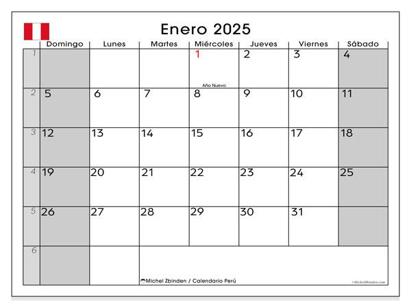 Kalender Januar 2025, Peru (ES). Plan zum Ausdrucken kostenlos.