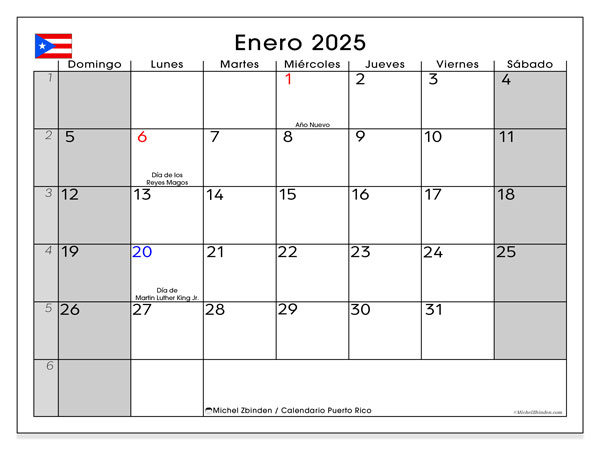 Kalenteri tammikuu 2025, Puerto Rico (ES). Ilmainen tulostettava ohjelma.