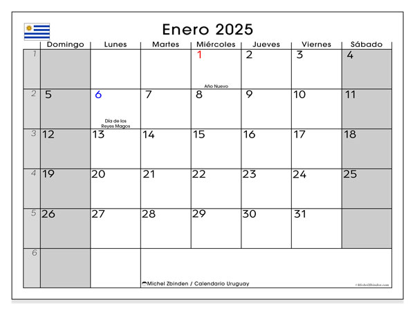 Kalenteri tammikuu 2025, Uruguay (ES). Ilmainen tulostettava ohjelma.