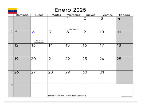 Kalenteri tammikuu 2025, Venezuela (ES). Ilmainen tulostettava ohjelma.