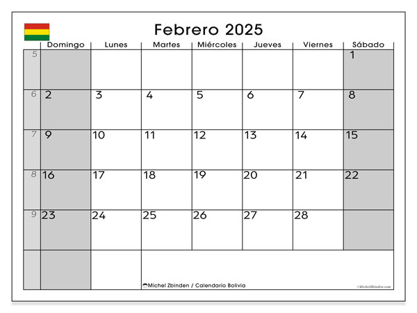 Kalendarz luty 2025, Boliwia (ES). Darmowy kalendarz do druku.