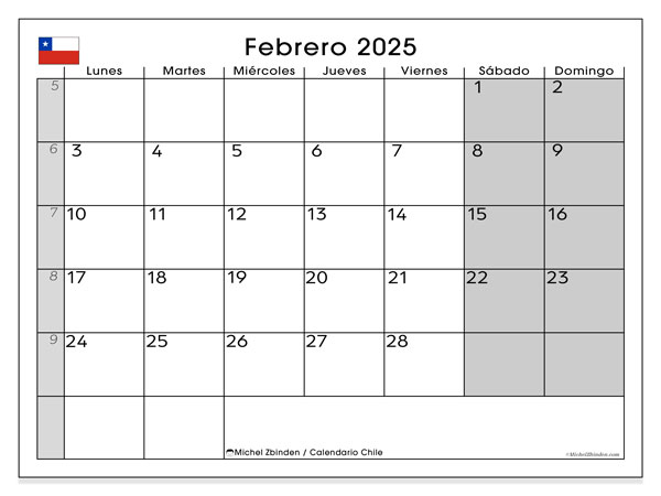 Kalenteri helmikuu 2025, Chile (ES). Ilmainen tulostettava lehti.