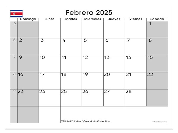 Kalenteri helmikuu 2025, Costa Rica (ES). Ilmainen tulostettava lehti.