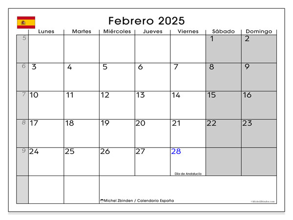 Kalendarz luty 2025, Hiszpania (ES). Darmowy kalendarz do druku.
