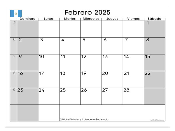 Kalendarz luty 2025, Gwatemala (ES). Darmowy kalendarz do druku.