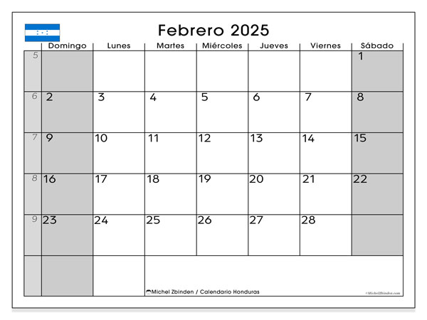 Kalendarz luty 2025, Honduras (ES). Darmowy kalendarz do druku.