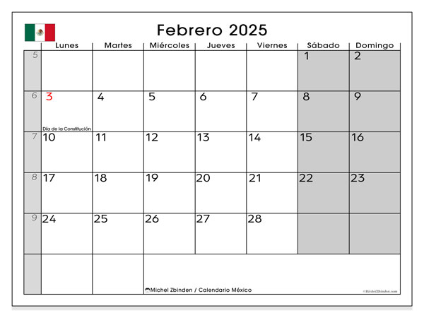 Kalenteri helmikuu 2025, Meksiko (ES). Ilmainen tulostettava lehti.