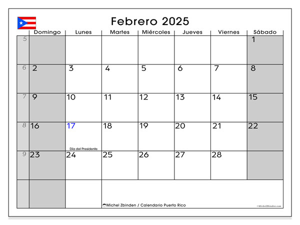 Kalenteri helmikuu 2025, Puerto Rico (ES). Ilmainen tulostettava lehti.