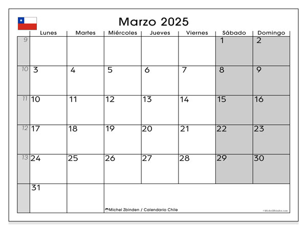 Kalenteri maaliskuu 2025, Chile (ES). Ilmainen tulostettava ohjelma.
