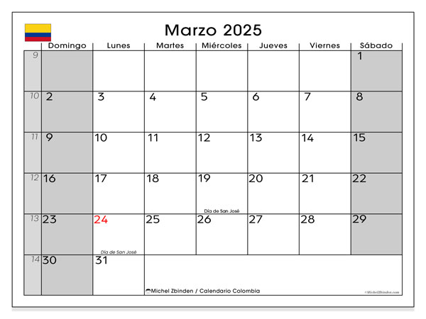 Kalenteri maaliskuu 2025, Kolumbia (ES). Ilmainen tulostettava ohjelma.