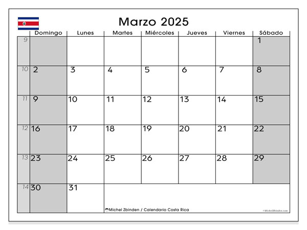 Kalendarz marzec 2025, Kostaryka (ES). Darmowy kalendarz do druku.