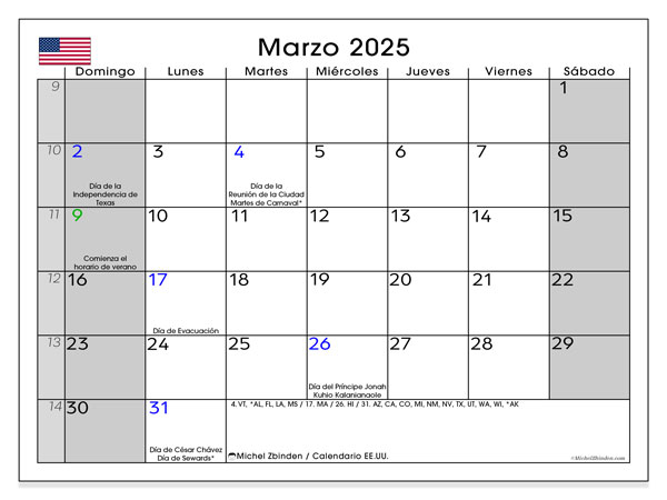 Kalenteri maaliskuu 2025, Yhdysvallat (ES). Ilmainen tulostettava ohjelma.