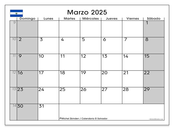 Kalenteri maaliskuu 2025, El Salvador (ES). Ilmainen tulostettava ohjelma.