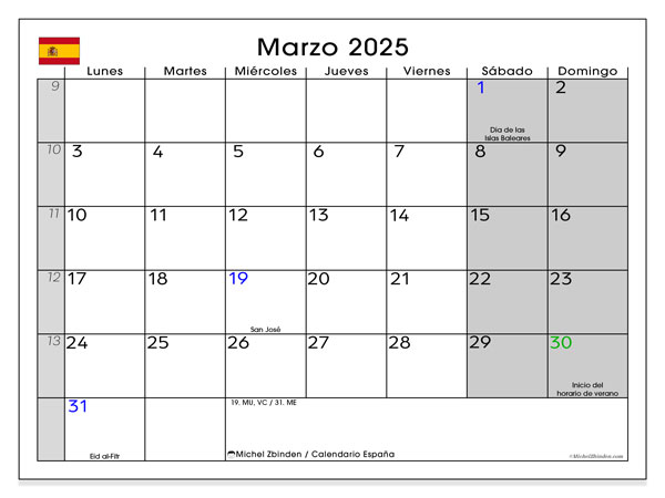 Kalendarz marzec 2025, Hiszpania (ES). Darmowy kalendarz do druku.