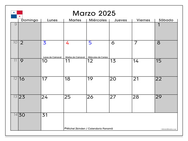 Kalenteri maaliskuu 2025, Panama (ES). Ilmainen tulostettava ohjelma.