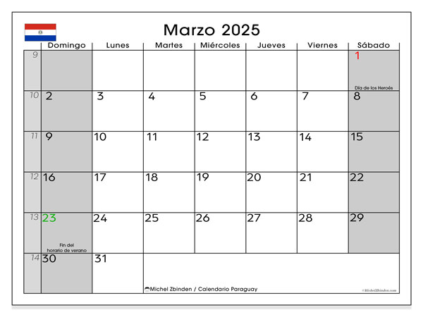Kalender marts 2025, Paraguay (ES). Gratis kalender til print.
