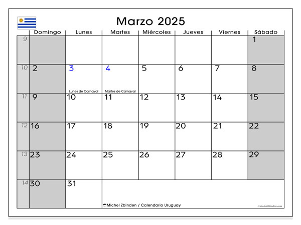 Kalenteri maaliskuu 2025, Uruguay (ES). Ilmainen tulostettava ohjelma.