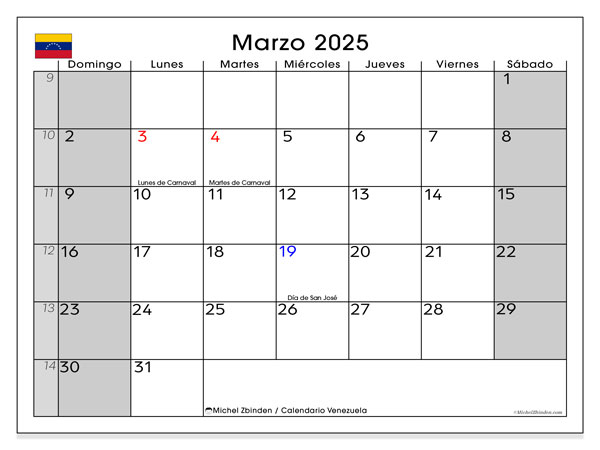Kalenteri maaliskuu 2025, Venezuela (ES). Ilmainen tulostettava ohjelma.