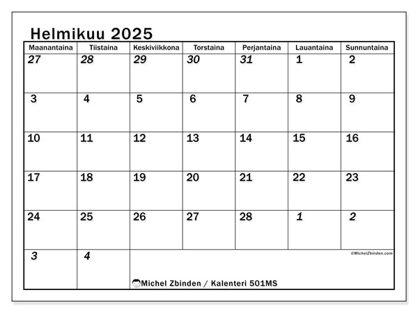 Kalenteri helmikuu 2025, 501SL. Ilmainen tulostettava ohjelma.