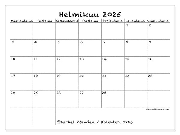 Kalenteri helmikuu 2025, 77MS. Ilmainen tulostettava ohjelma.