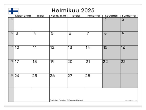 Kalendarz luty 2025, Finlandia (FI). Darmowy kalendarz do druku.
