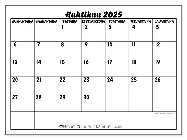 Kalenteri huhtikuu 2025, 45SL. Ilmainen tulostettava ohjelma.