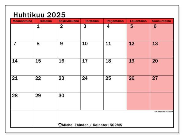 Kalenteri huhtikuu 2025, 502SL. Ilmainen tulostettava ohjelma.